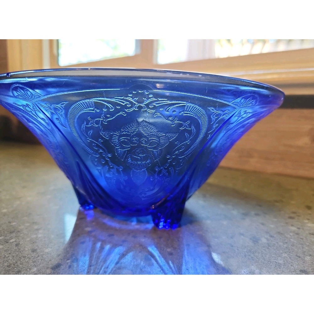 Hazel Atlas Cobalt Blue Royal Lace 10" Bowl Depression Glass, FOOTED, Vintage - Picture 5 of 9